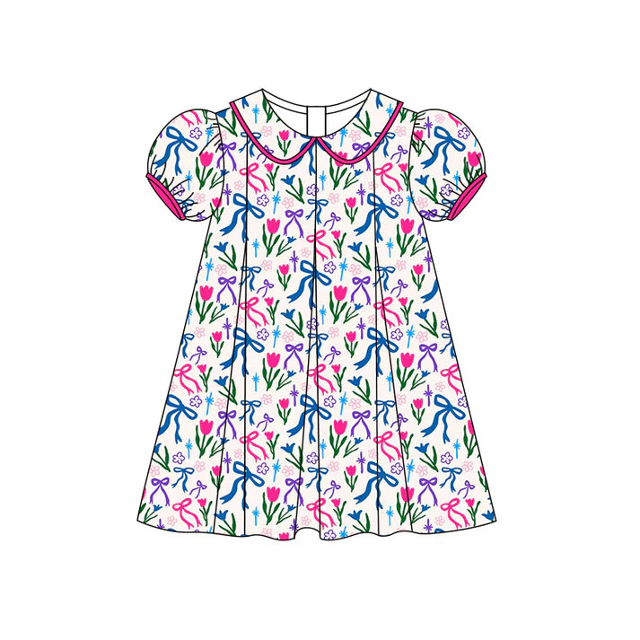 Preorder (moq 5)Baby Girls Short Ruffle Sleeves Colorful Bows Flowers Knee Length Dress 4.28