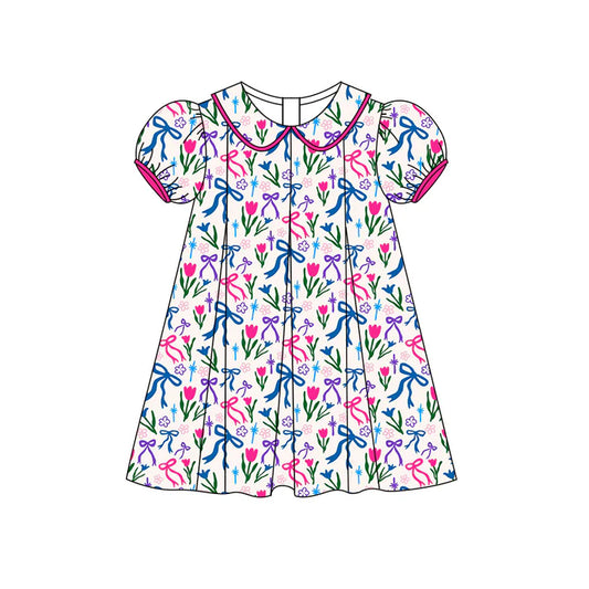 Preorder (moq 5)Baby Girls Short Ruffle Sleeves Colorful Bows Flowers Knee Length Dress 5.14
