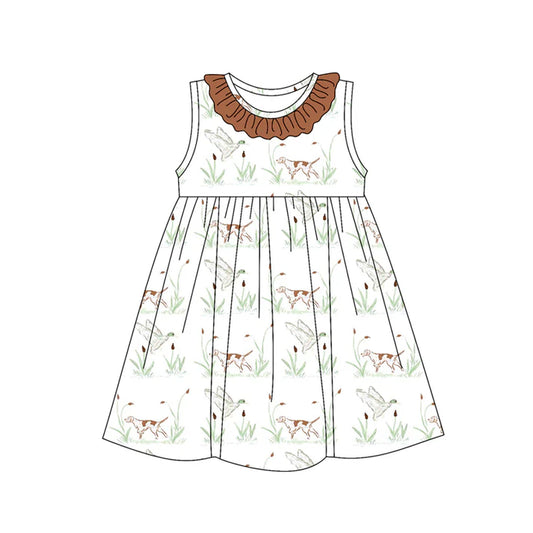 Preorder (moq 5)Baby Girls Brown Sleeveless Ducks Dogs Knee Length Dresses 5.14
