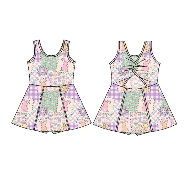 Preorder(moq 5) Baby Girls Sleeveless Rabbits Flowers Checked Easter Shorts Knee Length Dresses 10.28