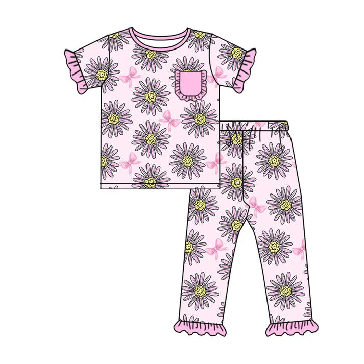 Preorder (moq 8)Baby Girls Pink Sunflowers Mamas Mini Top Ruffle Pants Pajamas Sets 9.16