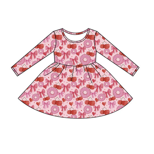 Preorder (moq 5)Baby Girls Pink Donuts Hearts Bows Valentines Knee Length Dresses 11.20