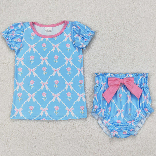 Baby Girls Clothes Blue Pink Flowers Bows Top Bummies Sets GBO0461