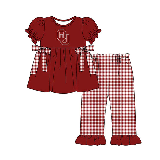 Preorder (moq 5)Baby Girls OU Bows Tunic Checked Ruffle Pants Team Clothes Sets 12.13
