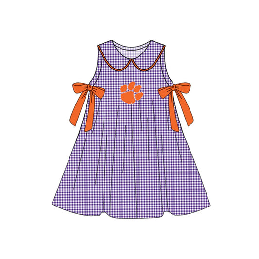 Preorder (moq 5)Baby Girls Purple Plaid Sleeveless Bows Pawl Team Knee Length Dresses 7.11