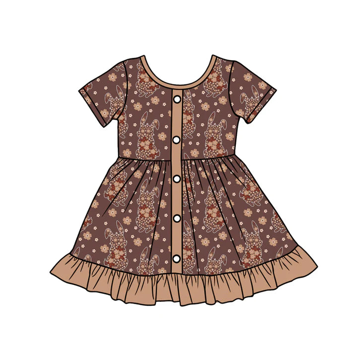 Preorder (moq 5)Baby Girls Brown Flowers Rabbits Button Easter Ruffle Knee Length Dress 12.12