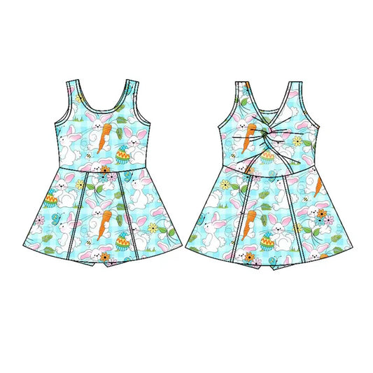 Preorder(moq 5) Baby Girls Sleeveless Rabbits Carrots Easter Shorts Knee Length Dresses 10.28