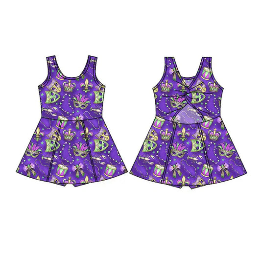 Preorder(moq 5) Baby Girls Sleeveless Mardigras Masks Crowns Shorts Knee Length Dresses 10.27