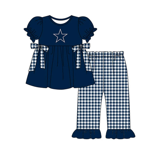 Preorder (moq 5)Baby Girls Stars Bows Tunic Checked Ruffle Pants Team Clothes Sets 12.13