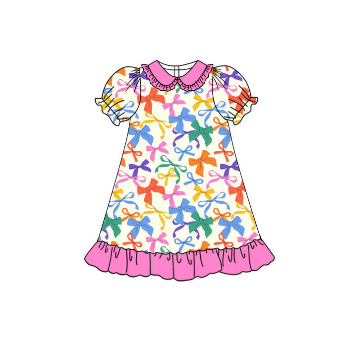 Preorder(moq 5) Baby Girls Short Sleeve Colorful Bows Collar Ruffle Knee Length Dresses 11.11