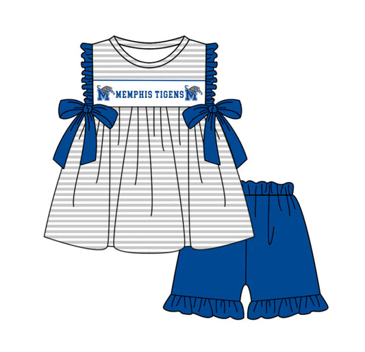 Preorder (moq 5)Baby Girls Memphis Tigers Bows Stripe Tunic Ruffle Shorts Team Clothes Sets 12.6