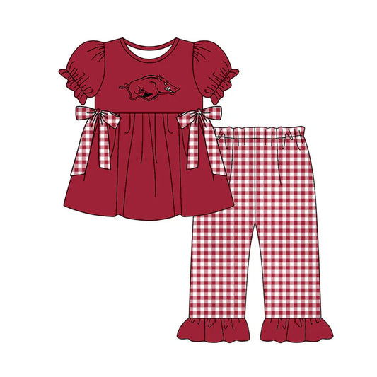 Preorder (moq 5)Baby Girls Red Bulls Bows Tunic Checked Ruffle Pants Team Clothes Sets 12.13
