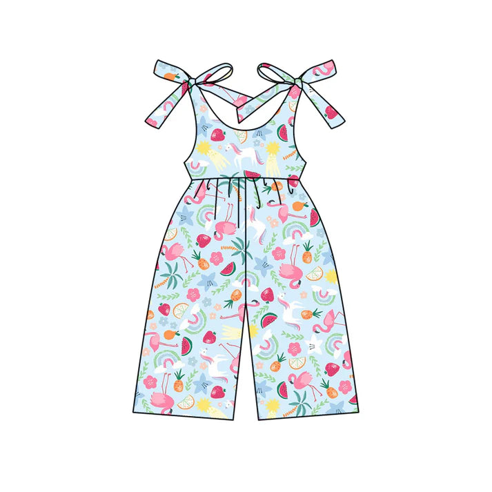 Preorder (moq 5)Baby Girls Blue Strap Floral Flamingos Jumpsuits 4.25