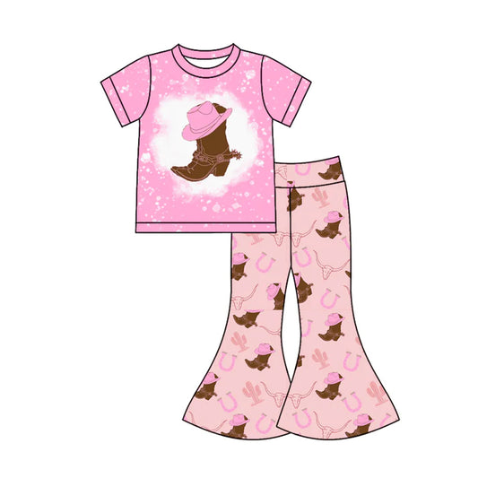 Preorder (moq 5)Baby Girls Hat Boots Bulls Skulls Top Bell Bottom Pants Western Clothes Sets 11.26