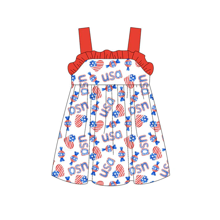 Preorder moq 5 Baby Girls Strap Blue Red Flag Hearts Candy 4th Of July Knee Length Dresses 4.22