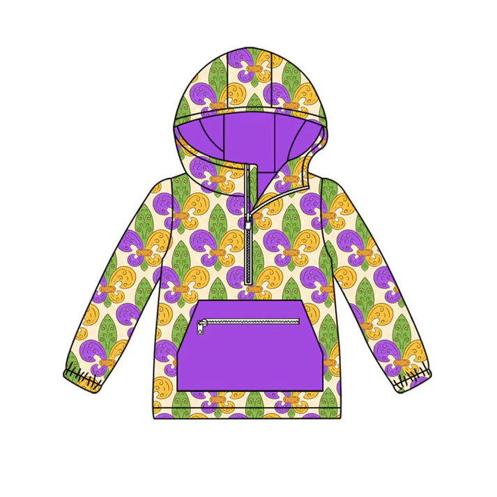 Preorder (moq 8)Baby Boys Purple Yellow Green Pocket Zipper Mardigras Hoodies Top 9.10