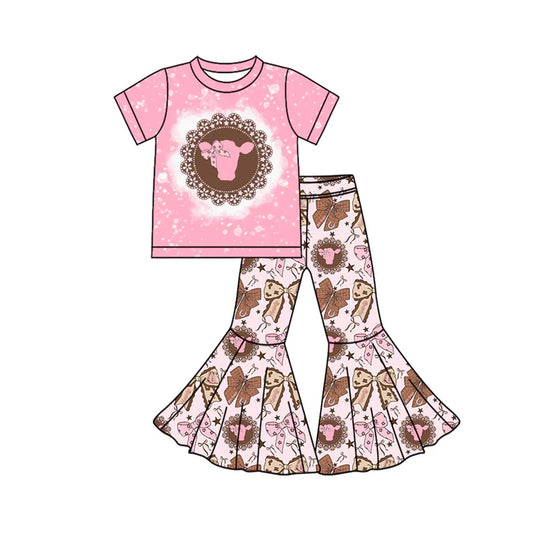 Preorder (moq 5)Baby Girls Pink Highland Cows Bows Top Bell Bottom Pants Western Clothes Sets 12.6