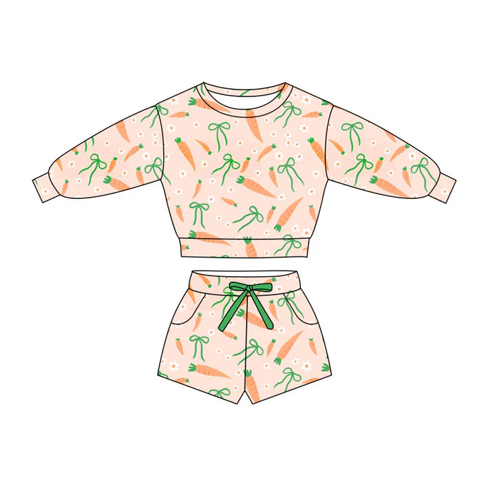 Preorder(moq 5) Baby Girls Carrots Flowers Long Sleeve Top Pockets Shorts Easter Clothes Sets 11.12