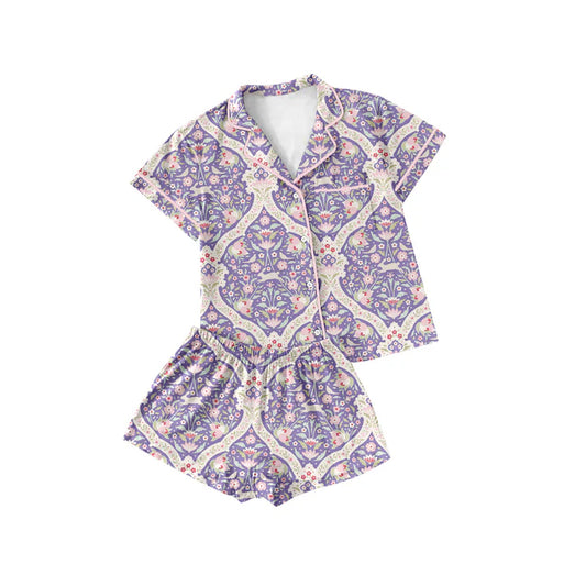 Preorder (moq 5)Baby Girls Flowers Checked Button Pocket Top Shorts Pajamas Sets 12.5