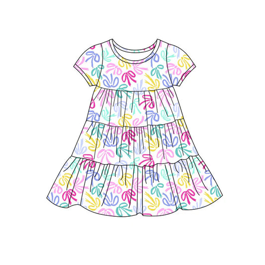 Preorder(moq 5) Baby Girls Colorful Bows Patchwork Ruffle Knee Length Dresses 11.14