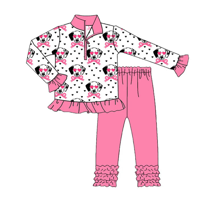 Preorder (moq 5)Baby Girls Valentine Hearts Dogs Bows Zipper Pullover Ruffle Leggings Clothes Sets 9.6