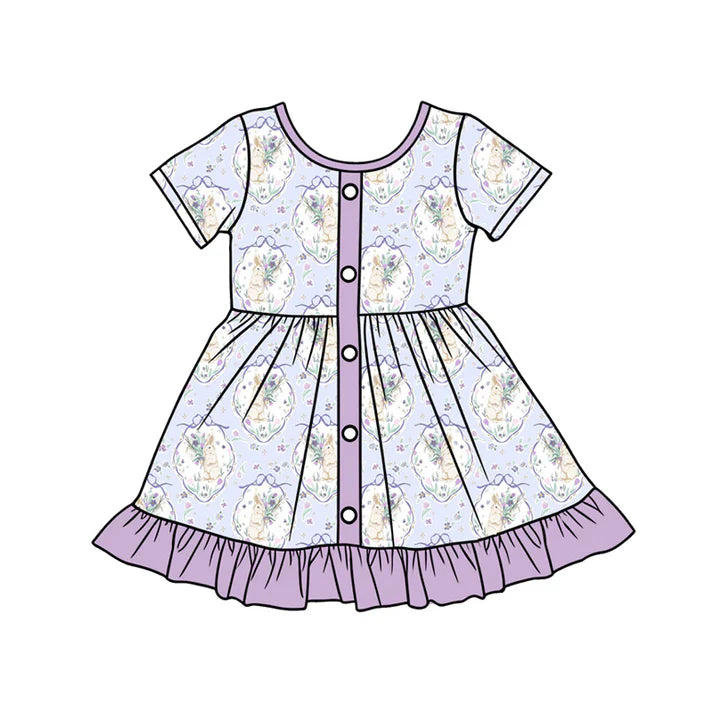 Preorder (moq 5)Baby Girls Flower Rabbits Easter Button Ruffle Knee Length Dresses 1.13