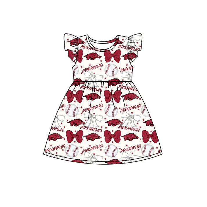 Preorder (moq 5)Baby Girls Flutter Sleeves Baseballs Bows Arkansas Team Knee Length Dresses 6.16