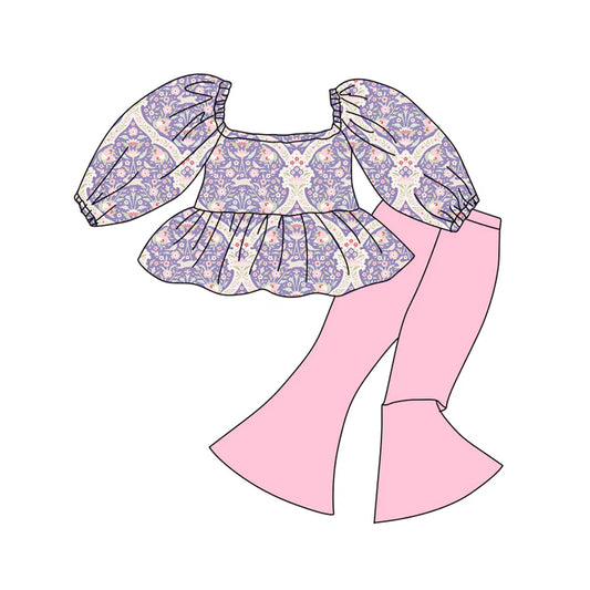 Preorder (moq 5)Baby Girls Pink Rabbits Floral Ruffle Tunic Bell Bottom Pants Easter Clothes Sets 12.15