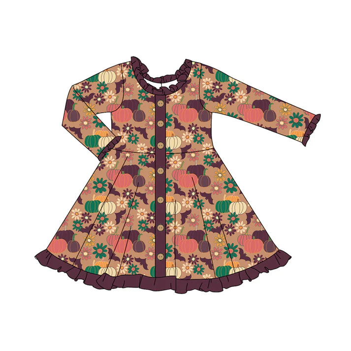 Preorder (moq 5)Baby Girls Purple Long Ruffle Sleeves Button Pumpkins Flowers Knee Length Dresses 6.2