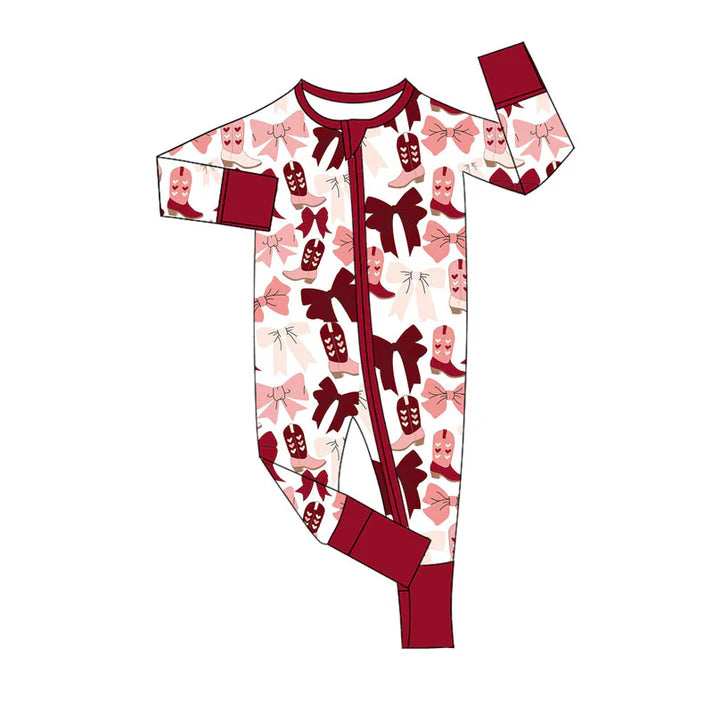 Preorder (moq 8)Baby Girls Pink Red Bows Heart Boots Zipper Footie Rompers 9.18