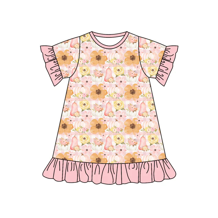 Preorder (moq 5)Baby Girls Short Ruffle Sleeves Flowers Pumpkins Knee Length Dresses 5.24