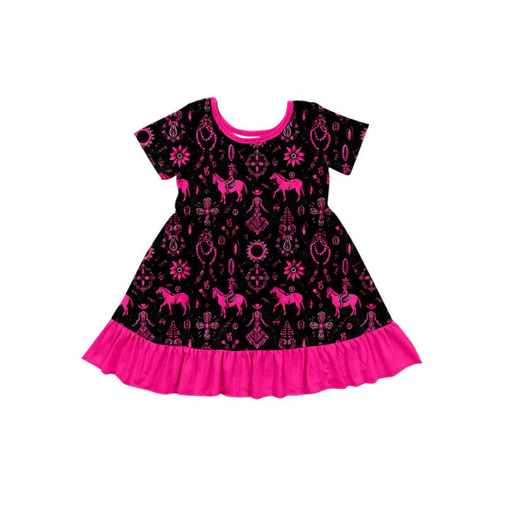 Preorder (moq 5)Baby Girls Turquoises Horse Rodeos Western Ruffle Knee Length Dresses 11.24