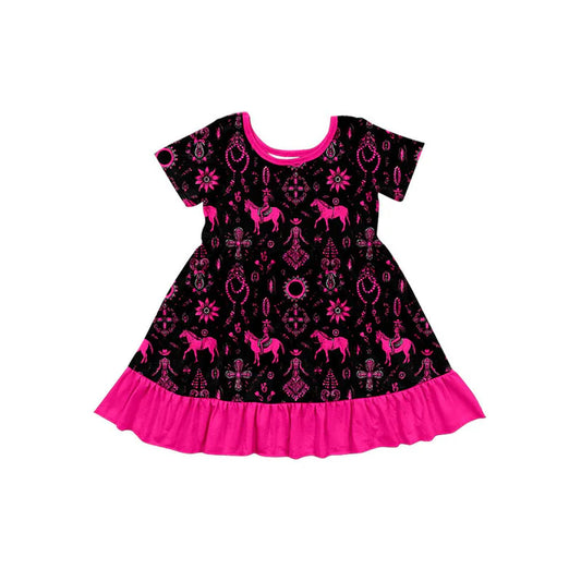 Preorder (moq 5)Baby Girls Turquoises Horse Rodeos Western Ruffle Knee Length Dresses 11.24