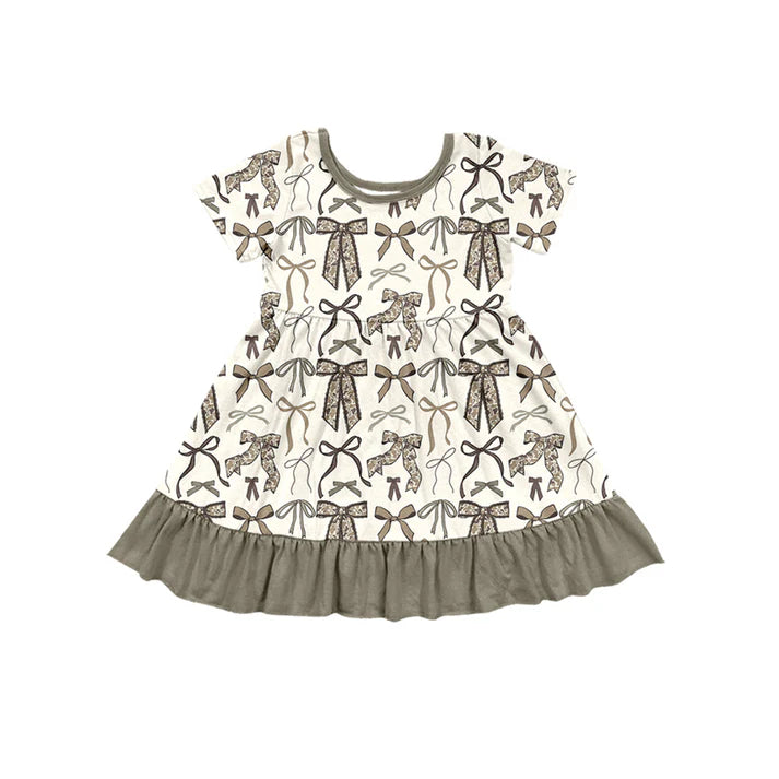 Preorder (moq 5)Baby Girls Short Sleeve Grey Camo Bows Flowers Ruffle Knee Length Dresses 12.15