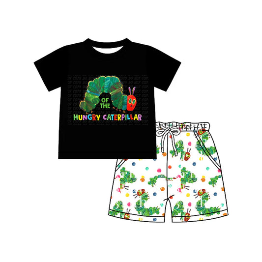 Preorder moq 5 Baby Boys Black Short Sleeves Caterpillars Top Pockets Shorts Set 4.14
