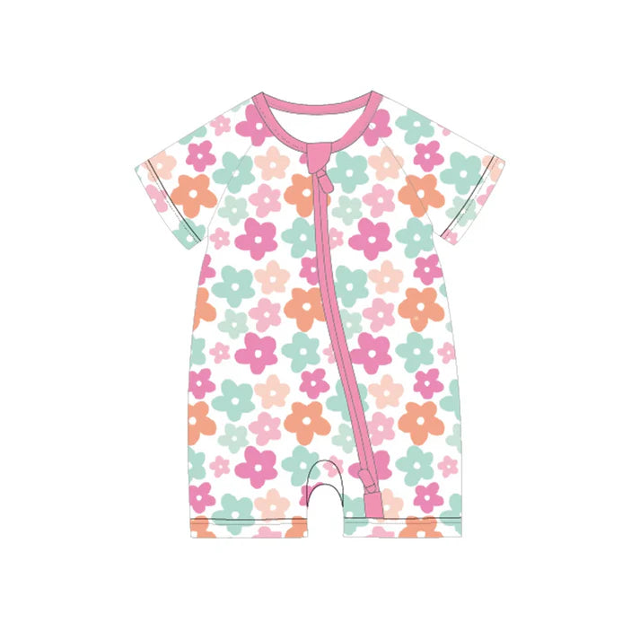Preorder moq 5 Baby Girls Short Sleeves Colorful Flowers Zipper Rompers 4.29