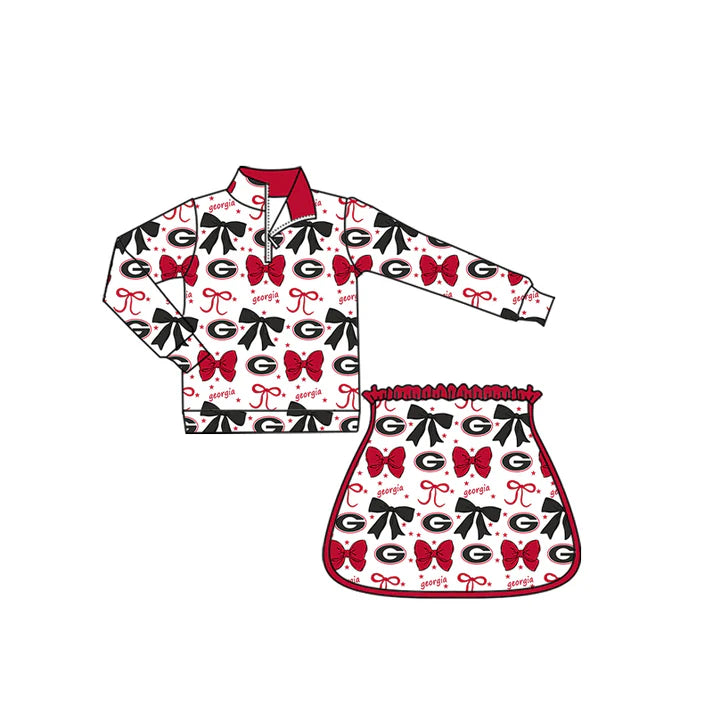 Preorder (moq 5)Baby Girls Red Georgia Bows Team Zip Pullovers Skort Team Clothes Sets 8.29