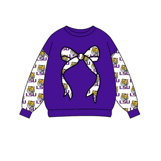Preorder Moq 5 Baby Girls Purple Long Sleeve Lsu Tigers Bows Team Tee Shirts Top 10.16