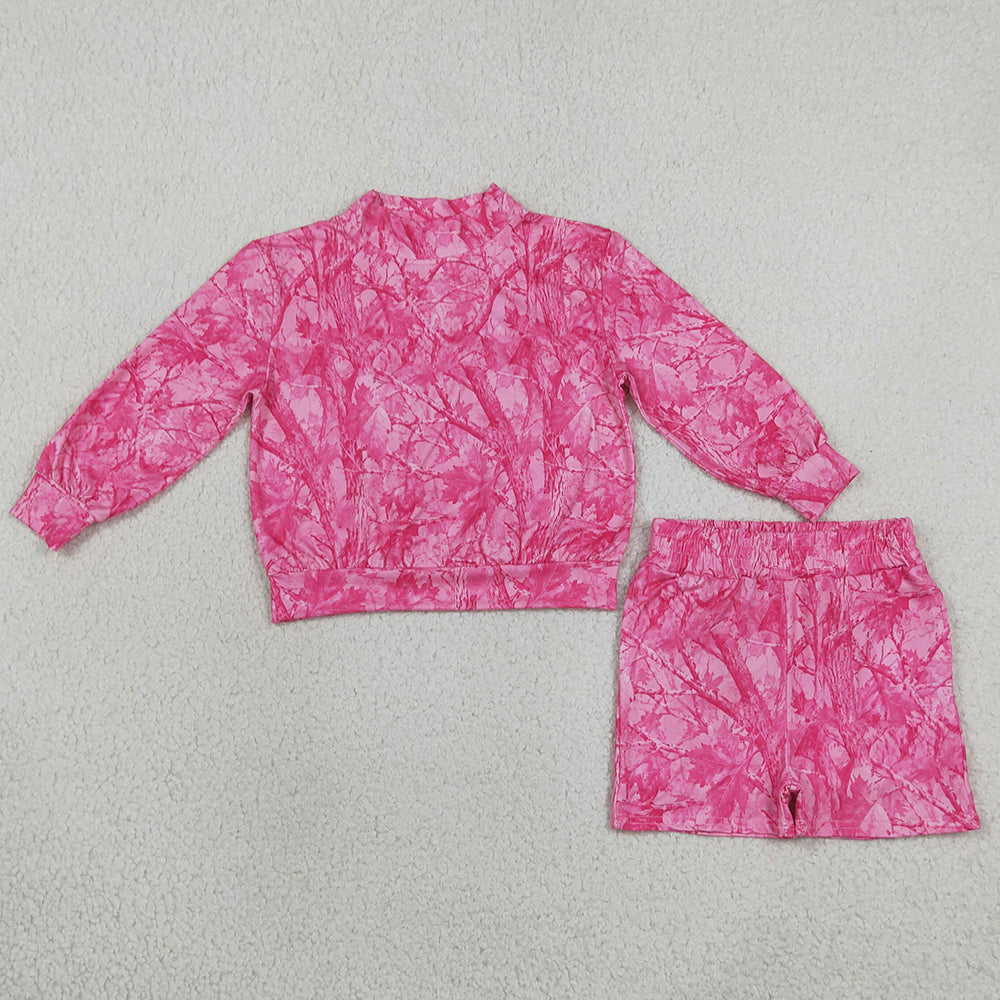 Baby Girls Pink Leaves Camo Choker Top Pockets Short Clothes Set GLS0196