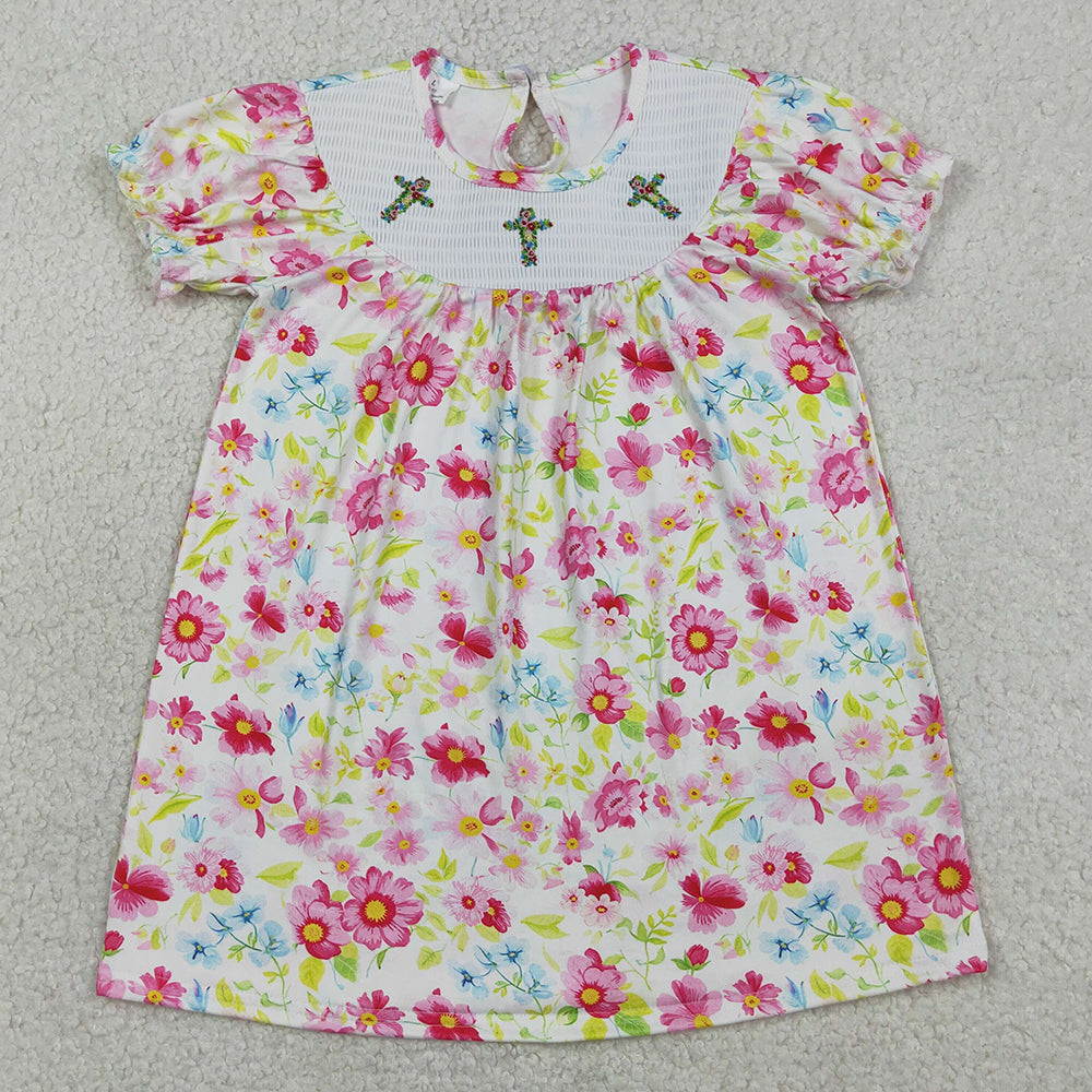 Baby Girls Dress Smocked Floral Crosses Easter Flowers Knee Length Dresses GSD3314