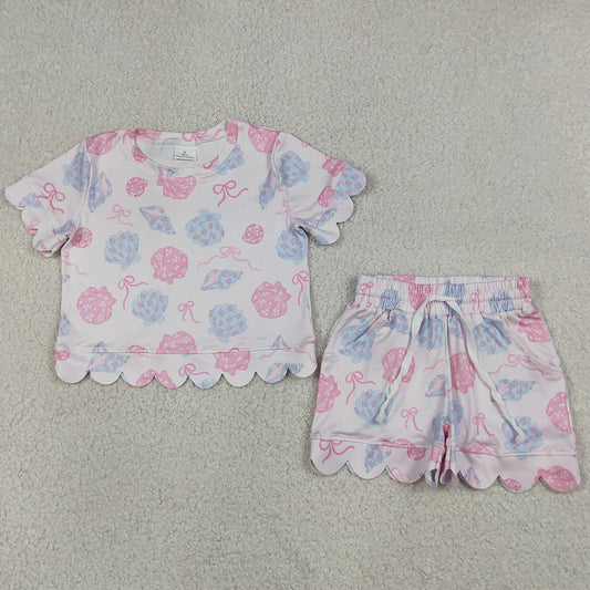 Baby Girls Clothes Bows Flower Shells Top Pockets Short Scallop Clothes Set GSSO3731
