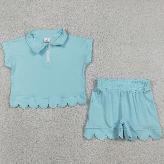 Baby Girls Clothes Blue Zip Pullover Top Pockets Short Scallop Clothes Sets GSSO3376
