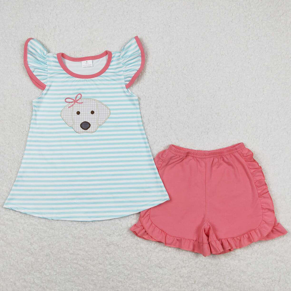 Dog Embroidery Boutique Baby Girls Clothes Summer Shorts Sets GSSO0555
