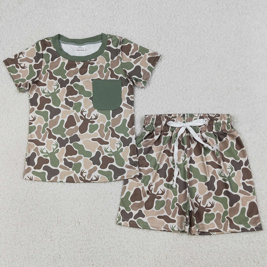 Baby Boys Clothes Southern Green Deer Camo Pocket Top Shorts Hunting Clothes Sets BSSO1792