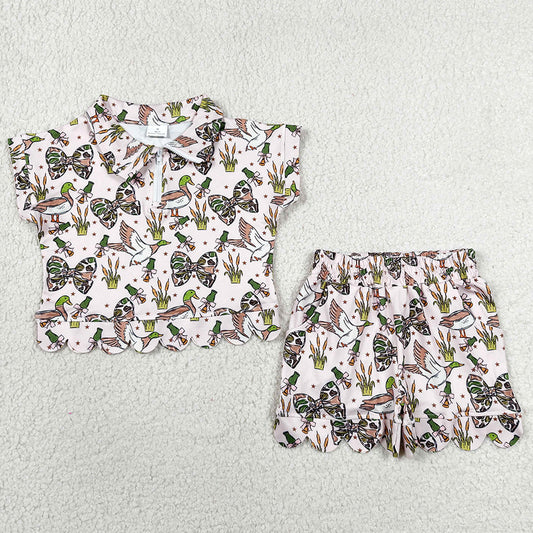 Baby Girls Clothes Camo Bows Ducks Zipper Top Short Hunting Scallop Clothes Sets GSSO3669