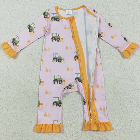 Baby Girls Rompers Pink Pumpkins Trucks Fall Ruffle Zipper Footie Rompers LR2336 8.9