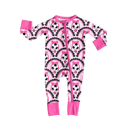 Preorder (moq 5)Baby Girls Long Sleeve Bows Footballs Checked Team Zipper Footie Rompers 10.4