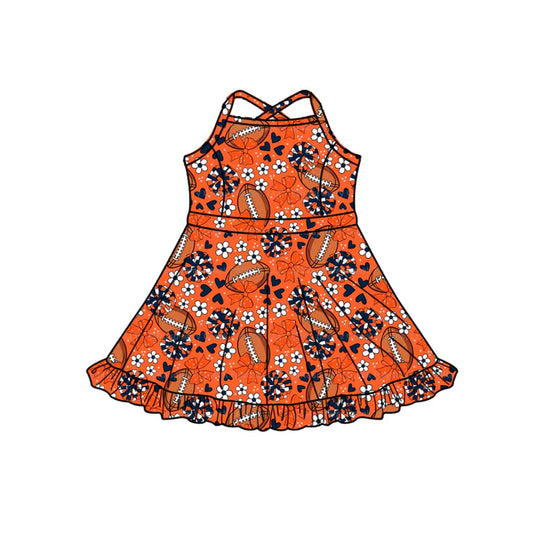 Preorder (moq 5)Baby Girls Strap Orange Hearts Footballs Team Shorts Ruffle Knee Length Dress 1.13