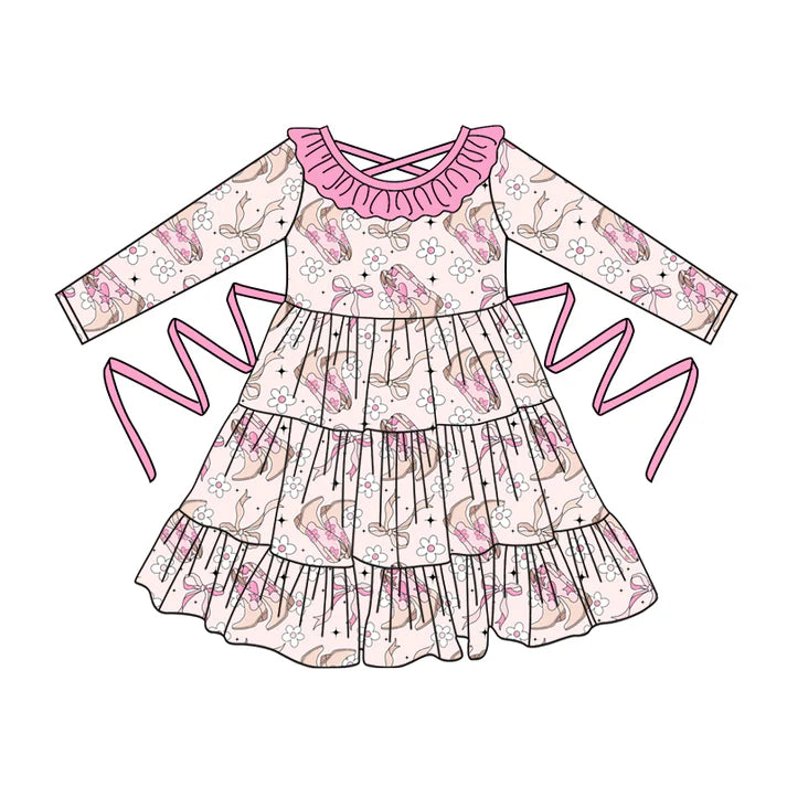 Preorder moq 5 Baby Girls Long Sleeves Pink Boots Flowers With Belt Ruffle Knee Length Dresses 5.2