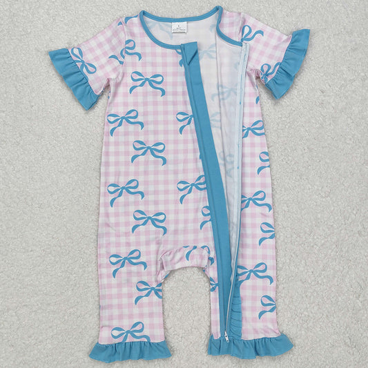 Baby Infant Girls Rompers Pink Checkered Bows Ruffle Zip Rompers SR2026